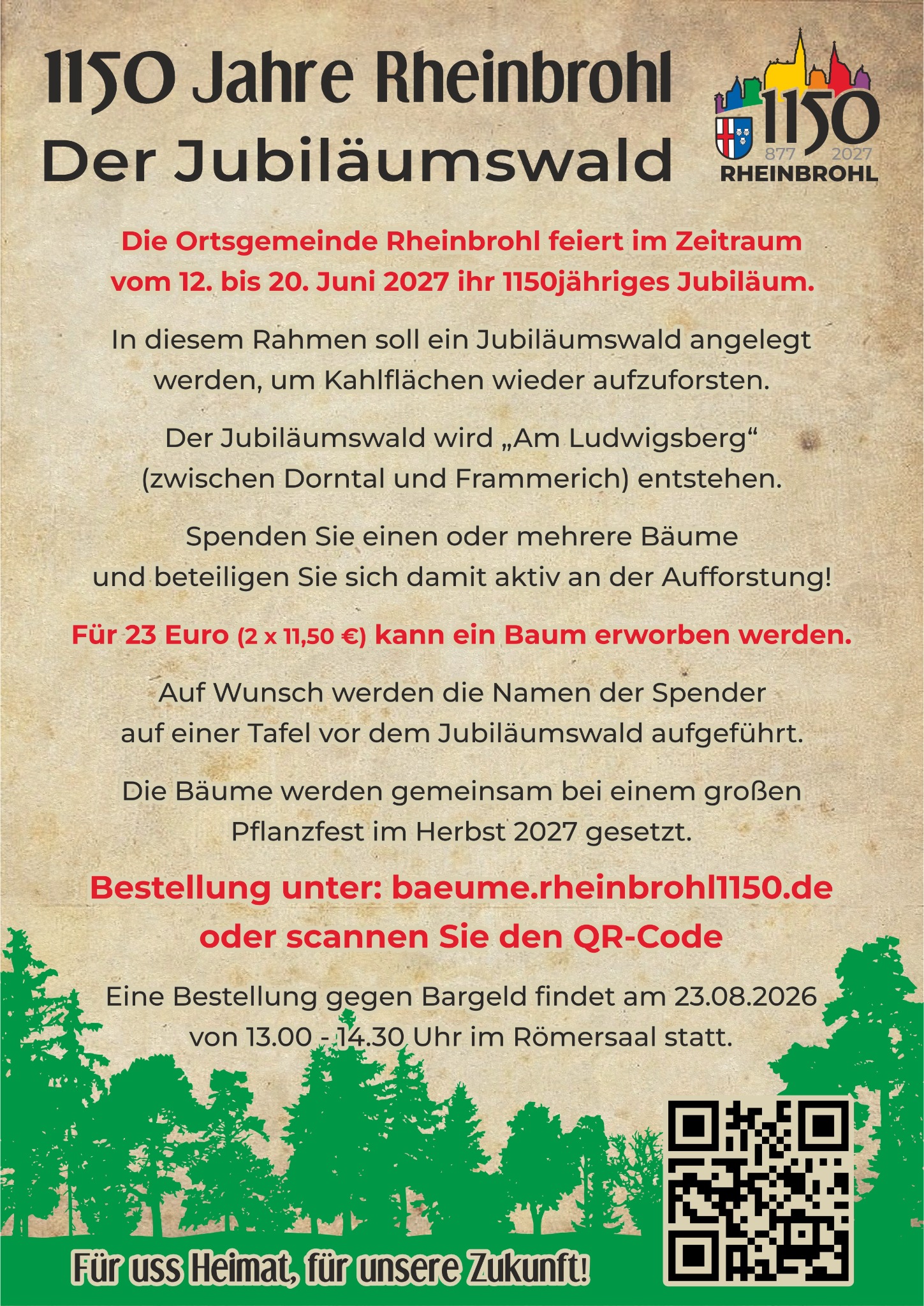 Informationsplakat zum Jubiläumswald Rheinbrohl mit Preis, Standort, Pflanzfest und Bestellhinweisen